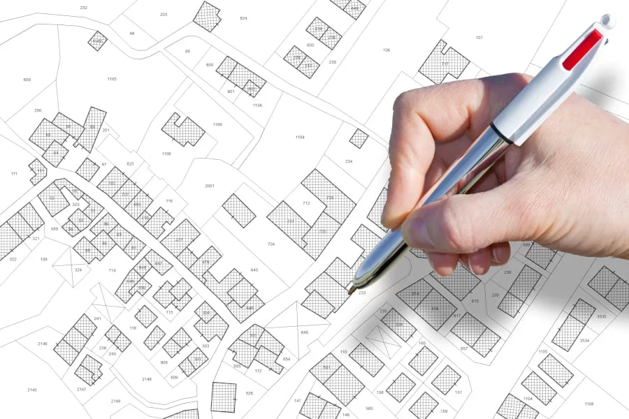Female hand drawing an imaginary cadastral map of territory with buildings, roads and land parcel - land and property registry and real estate property concept